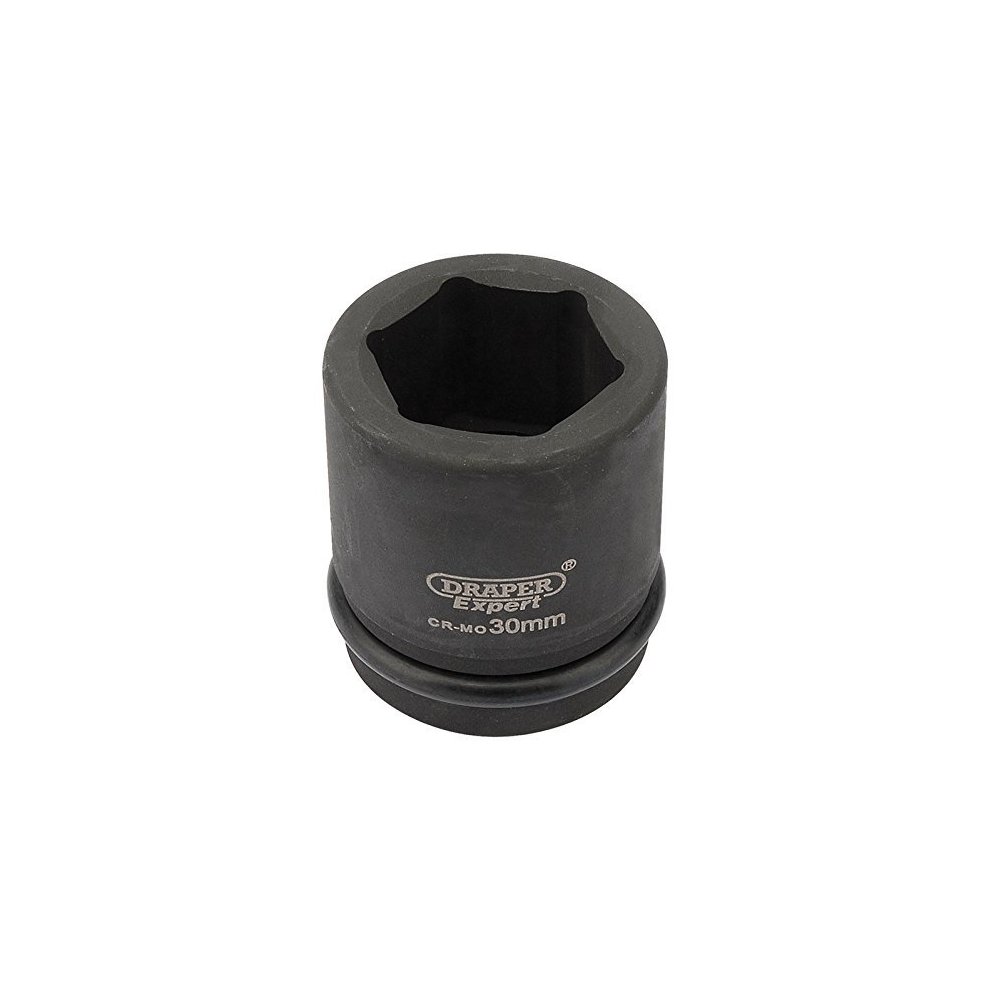 Black 30mm impact socket with a 3/4" square drive, featuring a hexagonal opening and "Draper Expert" branding, designed for high-torque applications.