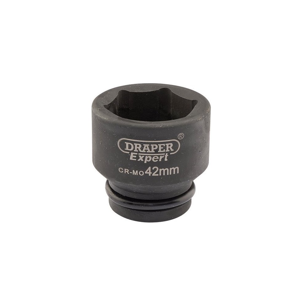 Black 42mm socket with a 3/4" square drive, featuring a six-point design for improved grip, made from durable chrome molybdenum steel, branded with "Draper Expert."