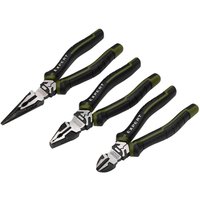 Black and silver Draper Expert pliers set with green accents, featuring needle-nose, combination, and diagonal cutting pliers.