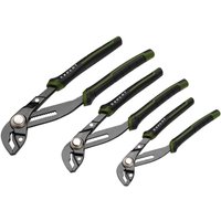 Black and green Draper Expert water pump pliers set with quick release, featuring three different sizes.