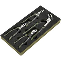 Draper Expert pliers set with black handles in foam tray, includes four high leverage pliers of varying sizes.