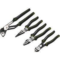Draper Expert 4 Piece High Leverage Pliers Set with black and green handles, includes cutting and needle-nose pliers.