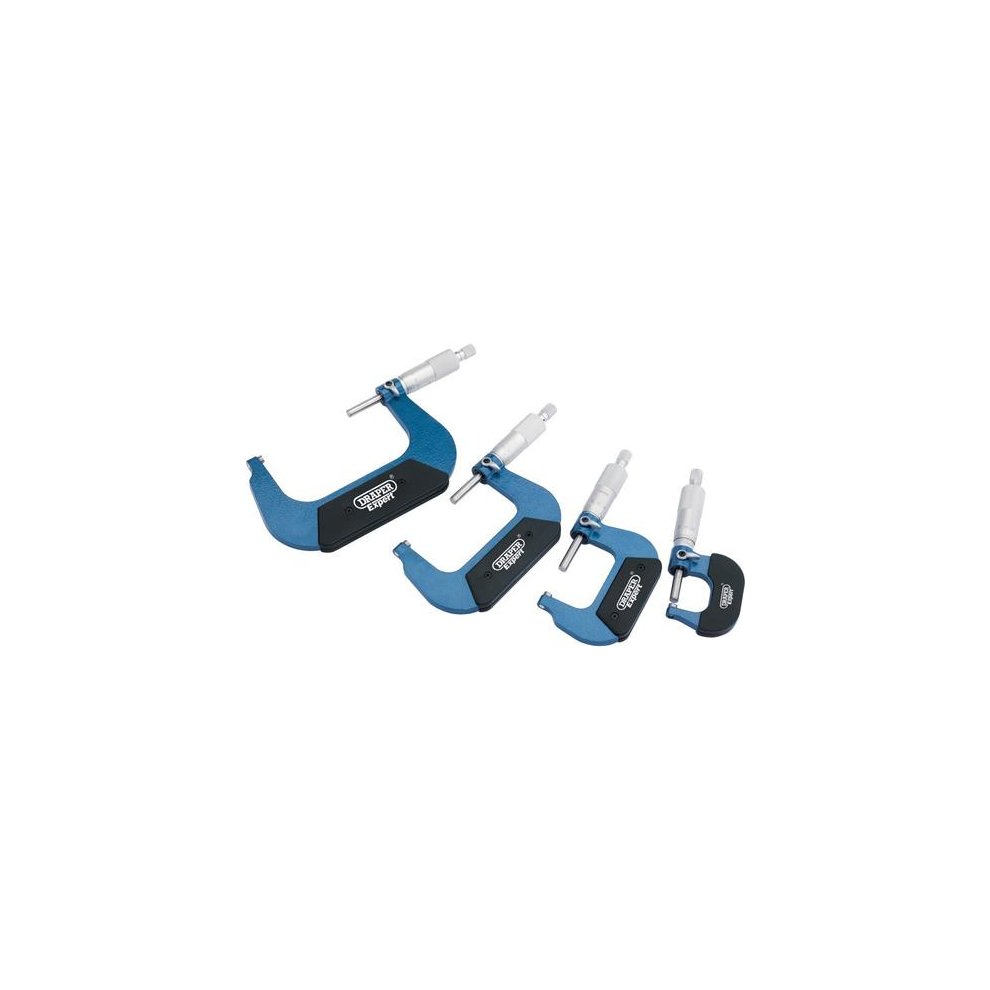 Draper Mechanical Micrometers Set featuring three blue metal micrometers with black accents, adjustable screws, and clear measurement markings for precision.