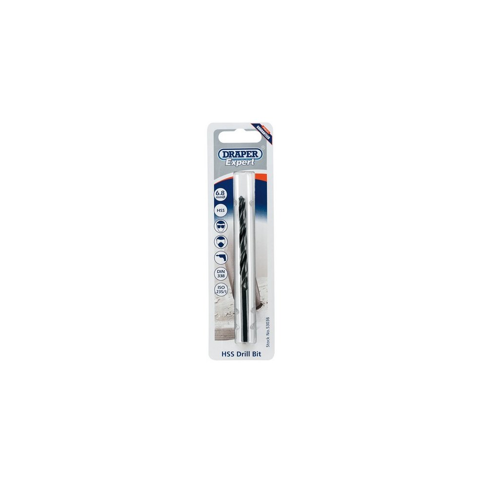 6.8mm HSS metric twist drill bit in a clear plastic packaging, featuring a black and silver design with detailed specifications on the card.