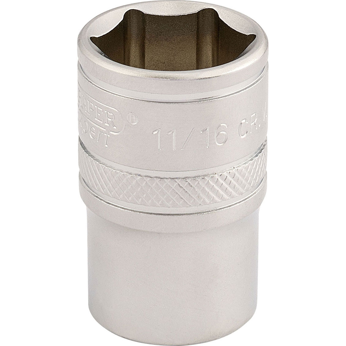 Silver 1/2" square drive socket with a 6-point design, marked "11/16" and "Draper Expert," featuring a knurled grip for easy handling.