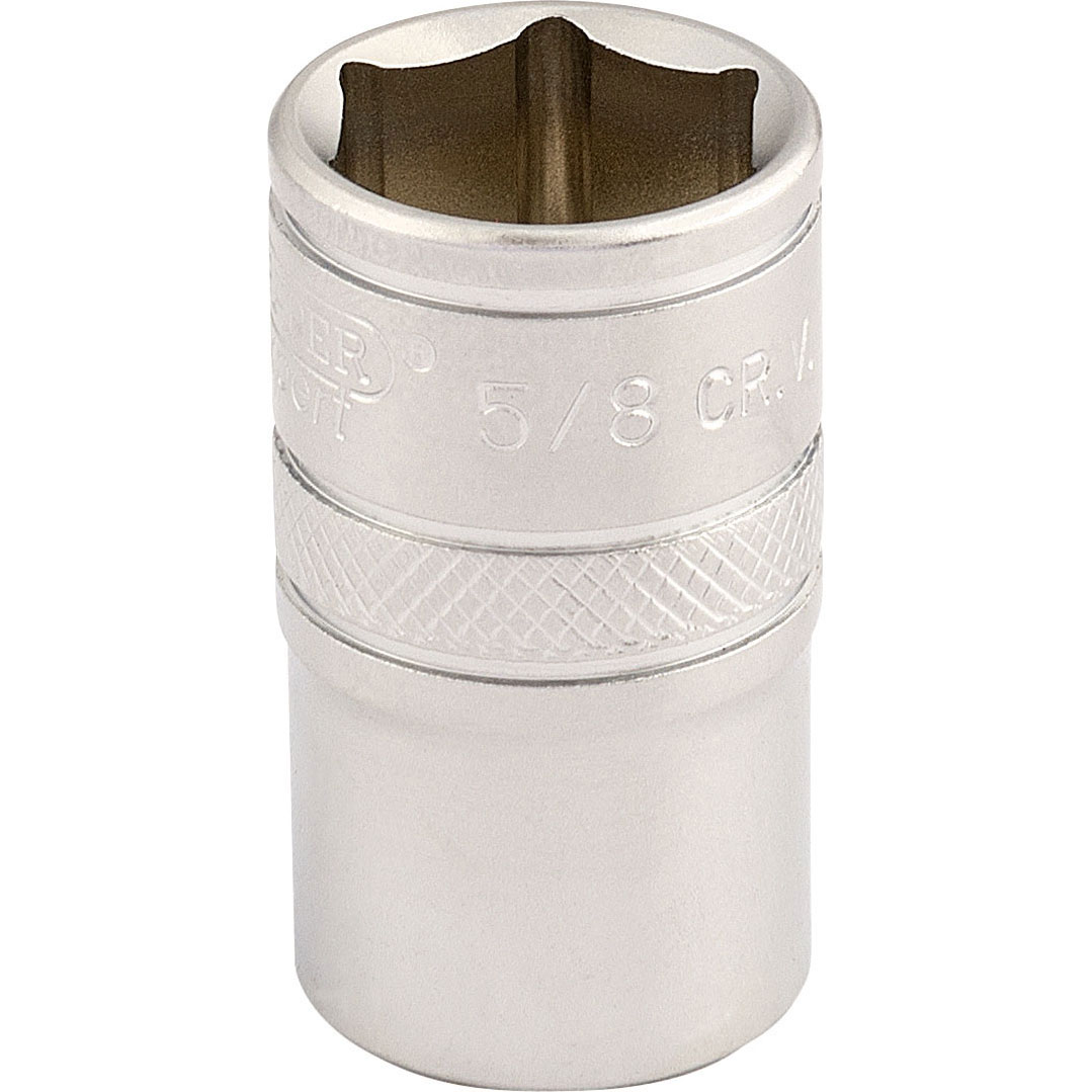Silver metal 1/2" square drive socket with a 6-point design, marked with "5/8" and "Draper Expert," featuring a textured grip band for easy handling.