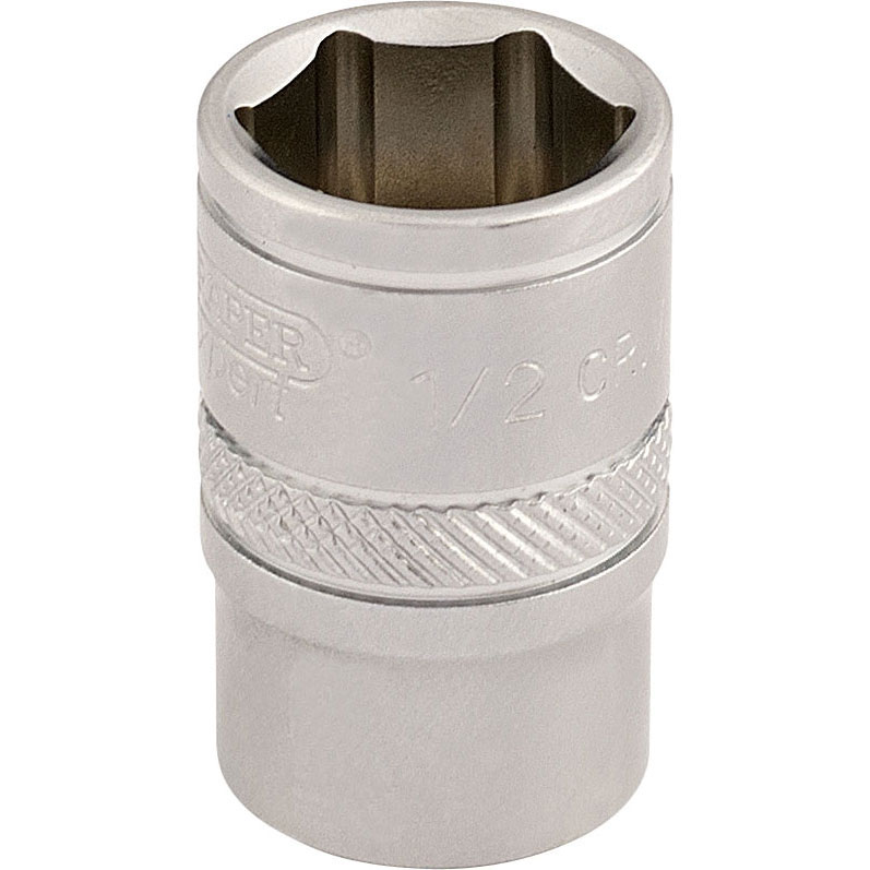 Silver 3/8" square drive socket with a six-point design, featuring a knurled grip band and marked with "1/2" for size identification.