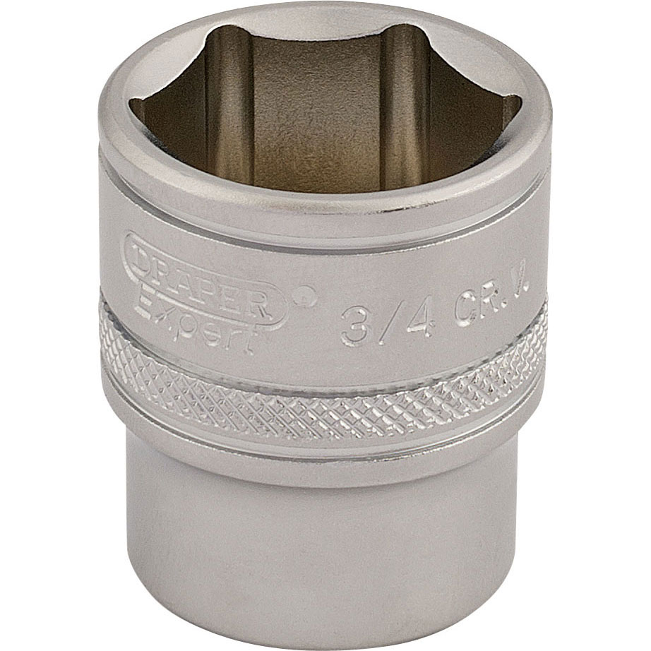 Silver 3/8" square drive socket with a 6-point design, featuring a knurled grip band and engraved markings indicating size (3/4") and brand (Draper Expert).