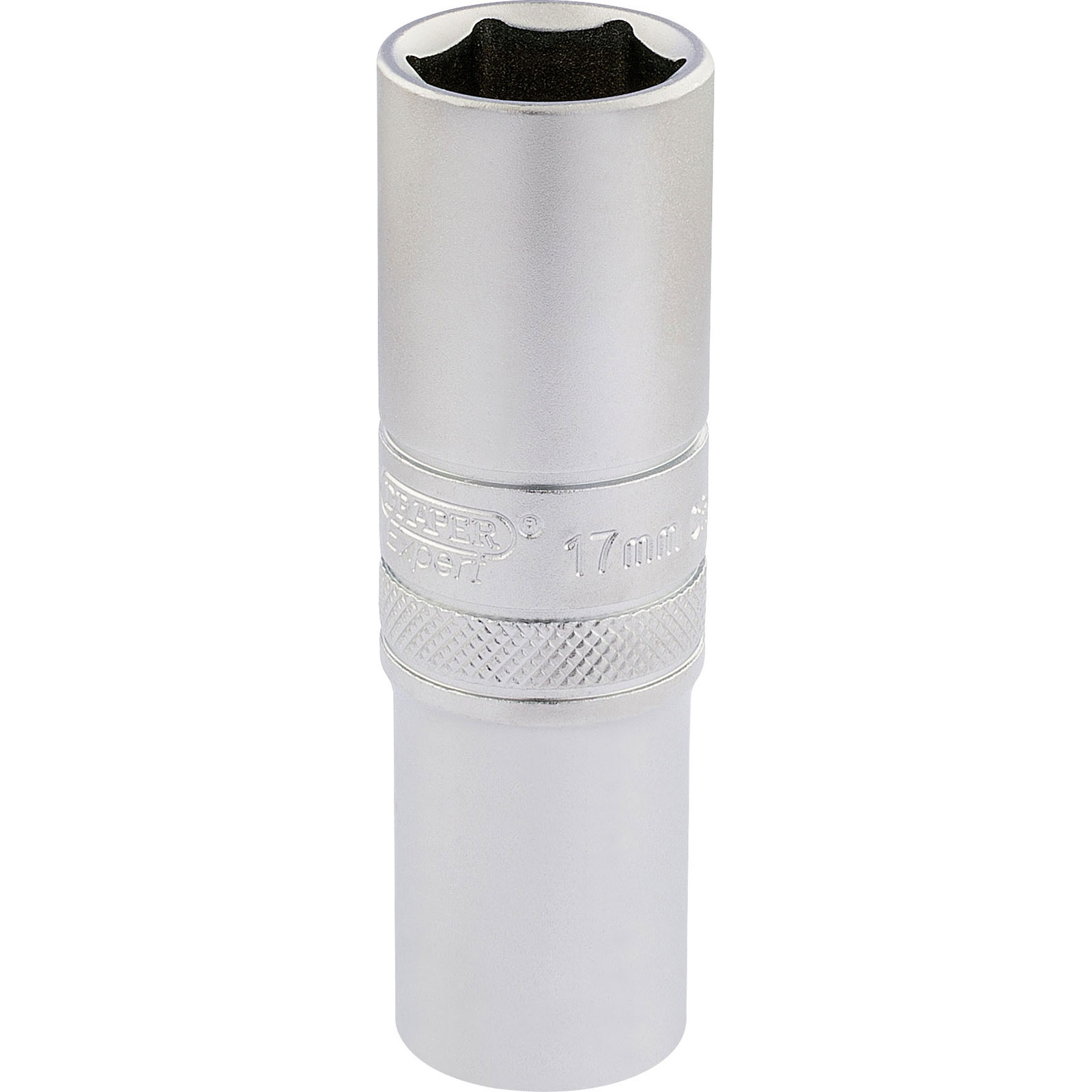 Silver 1/2" square drive deep socket made of chrome vanadium steel, featuring a 6-point design and marked with "17mm" for metric sizing.
