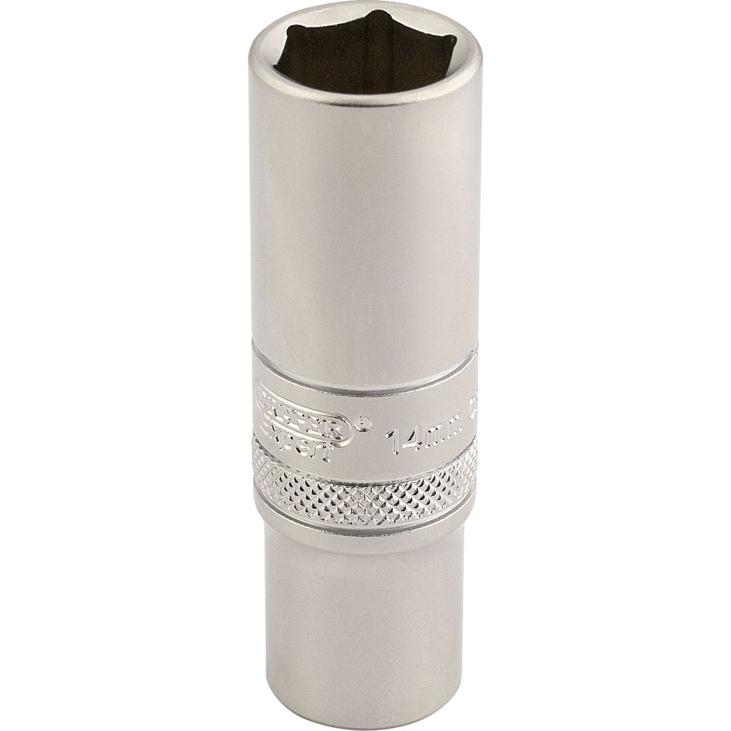 Silver 3/8" square drive deep socket with a 6-point design, marked with "14mm" and textured grip band for easy handling, made from durable chrome vanadium steel.