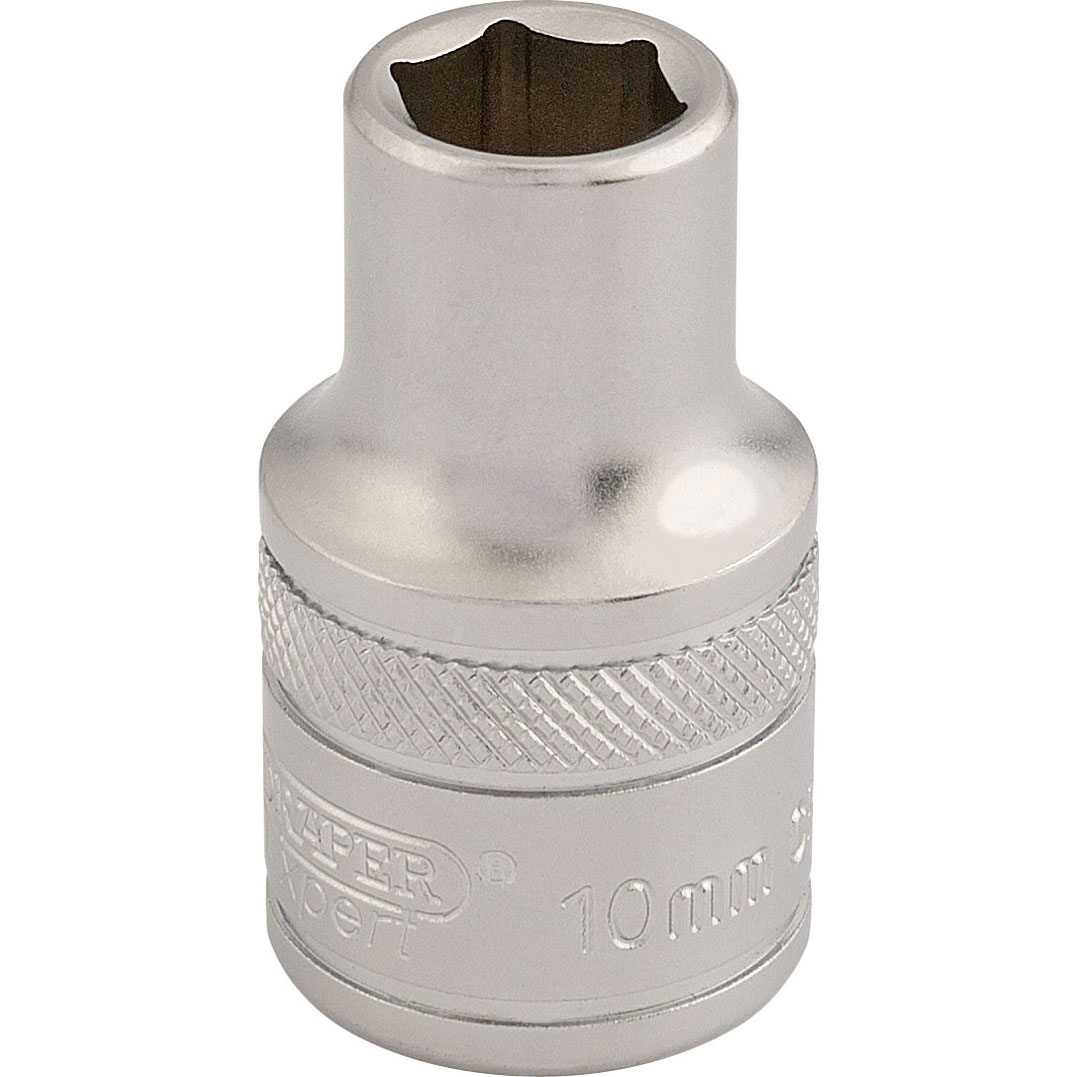 Shiny chrome-plated 10mm metric socket with a 1/2" square drive and six-point design, featuring a knurled grip for easy handling and engraved markings for size identification.