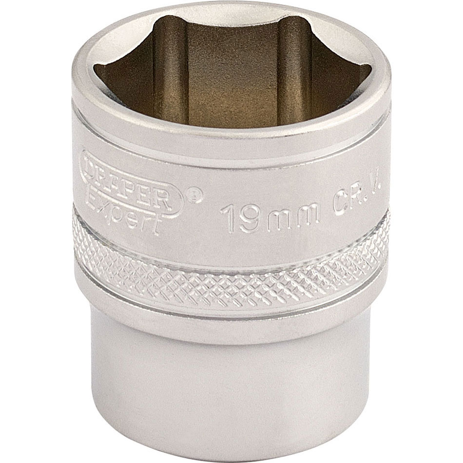 Silver 6-point metric socket with a 3/8" square drive, marked "Draper Expert" and "19mm," featuring a knurled grip for easy handling.
