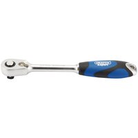 Silver Draper Expert ratchet with 60-tooth micro head, 3/8" square drive, and blue-black soft grip handle.