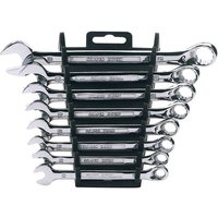 Draper Expert 8 piece Hi-Torq metric spanner set, polished chrome finish, in black plastic holder with handle.