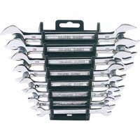 Draper Expert 8 Piece Metric Double Open Ended Spanner Set in silver, neatly arranged in a black plastic holder.