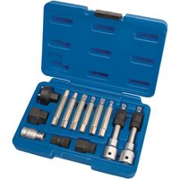 Blue Draper Expert alternator pulley tool kit with 13 metal pieces in a molded case, including sockets and adaptors.