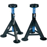 Black and blue Draper Expert axle stands, 3-tonne capacity, with adjustable height and locking pins.
