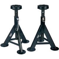 Black Draper Expert axle stands with adjustable height, triangular base, and safety pin mechanism.