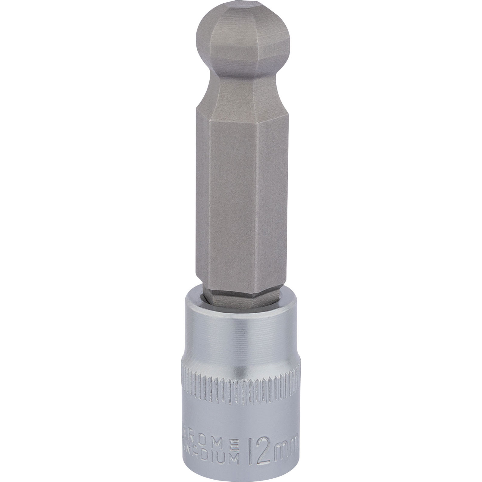 Draper Expert 3/8" square drive ball end hexagonal socket bit in silver, featuring a 12mm size and a durable, chrome vanadium construction for enhanced strength.