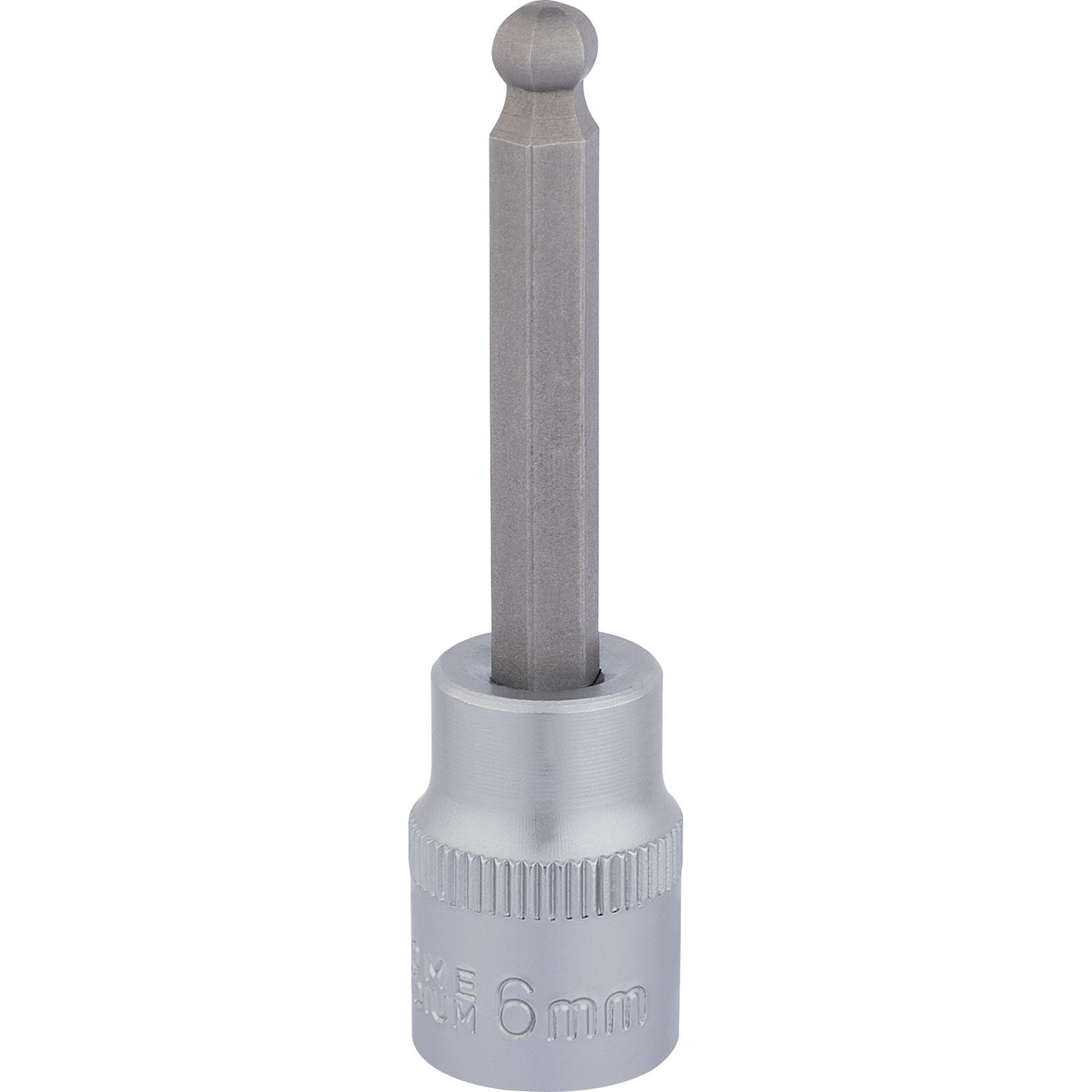 Silver hexagonal socket bit with a ball end, 3/8" square drive, marked "6mm," made of durable metal for enhanced grip and torque during use.