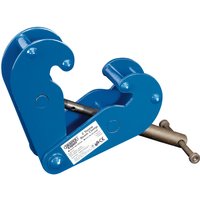 Blue Draper Expert beam clamp, 2 tonne capacity, with adjustable screw mechanism and safety label on the side.