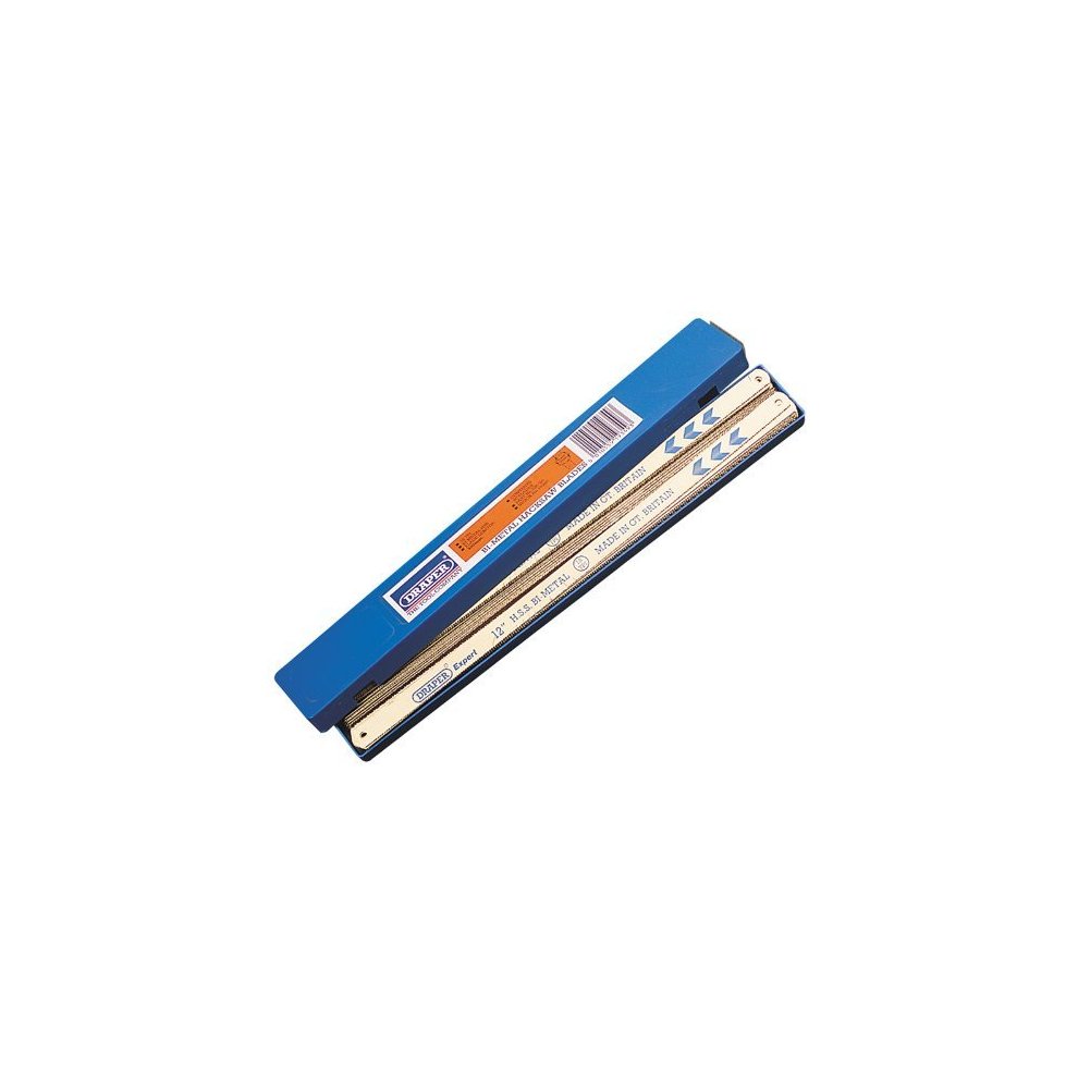 Blue box containing 50 bi-metal hacksaw blades, each 300mm long with 18 teeth per inch, featuring a gold and silver color scheme and clear labeling on the packaging.