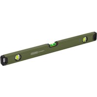 Green Draper Expert box spirit level with three bubble vials and black end caps.