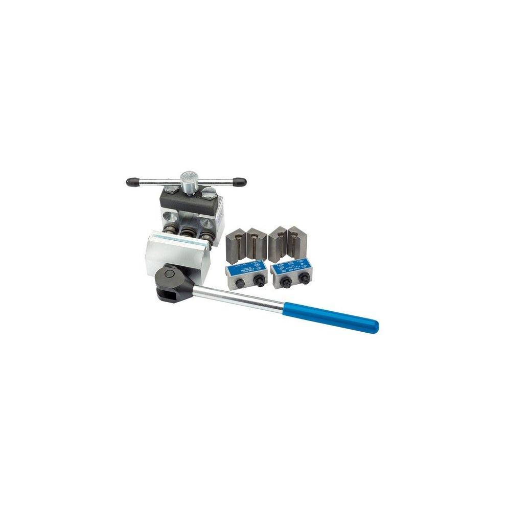 Draper Expert 23311 Brake Pipe Slider Kit featuring a metallic pipe bender with a blue handle, accompanied by two sets of die blocks for various pipe sizes.
