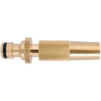 Brass spray nozzle with ribbed grip and adjustable tip, featuring a rubber O-ring for secure hose connection.