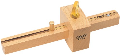 Wooden carpenters marking and mortice gauge with a brass locking screw, featuring a central groove and a pointed marking pin for precise measurements.