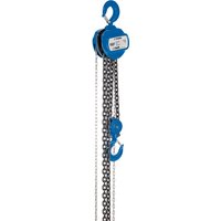 Blue Draper Expert chain hoist with dual hooks and heavy-duty metal chains, 5-tonne capacity.