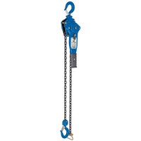 Blue Draper Expert chain lever hoist, 0.75 tonne capacity, with metal chain and hooks on both ends.