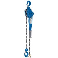 Blue Draper Expert chain lever hoist, 1.5 tonne capacity, with metal chain and hooks on both ends.