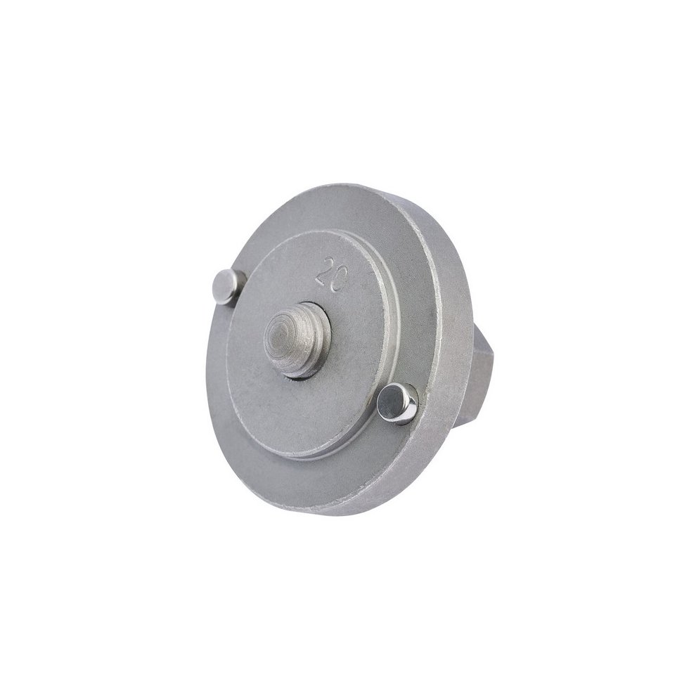 Silver metal brake piston wind-back tool with a circular design, featuring a central bolt and two side pins, specifically designed for Citroën and Renault vehicles.