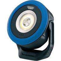 Black and blue Draper Expert mini flood light, circular design, COB/SMD LED, with USB-C port and handle.