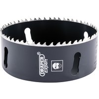 Black Draper Expert cobalt hole saw, 111mm, with sharp teeth and side slots, featuring brand logo and safety icon.