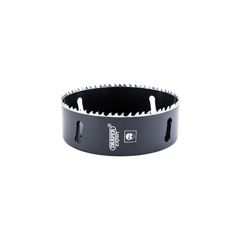 127mm cobalt hole saw in black with sharp, serrated edges and three slots for easy removal, designed for precision cutting in various materials.