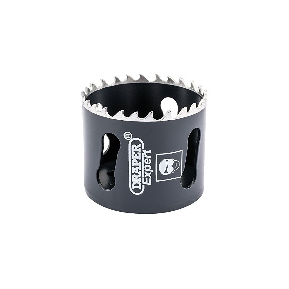 51mm cobalt hole saw in black metal with serrated edges and side slots for efficient cutting, featuring the Draper Expert logo prominently displayed.