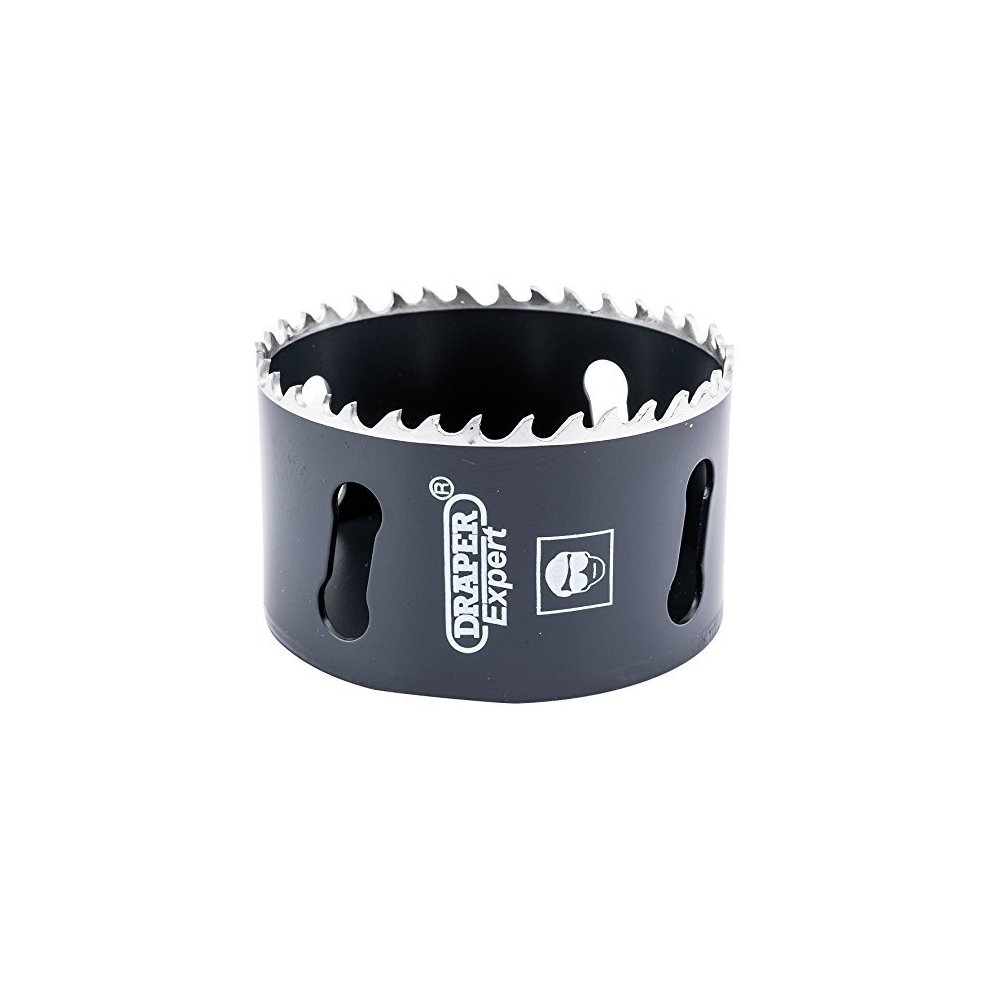 Black cobalt hole saw with a diameter of 73mm, featuring sharp teeth along the edge and slots for easy removal, marked with the Draper Expert logo.