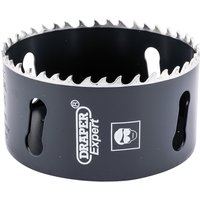 Black Draper Expert cobalt hole saw, 83mm, with sharp teeth and side slots for easy removal.