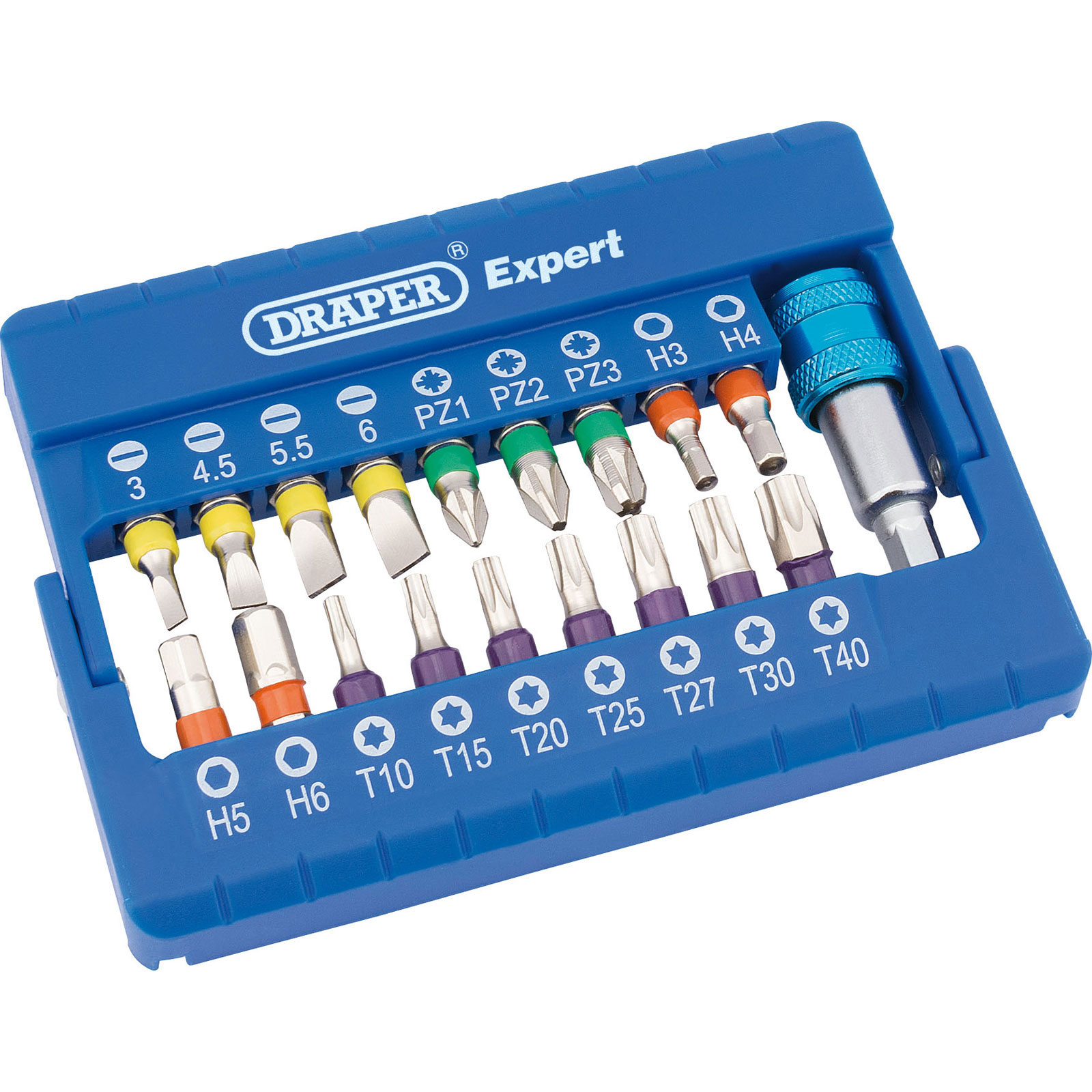 19-piece coloured screwdriver bit set in a blue plastic case, featuring various sizes and types of bits, including Phillips and Torx, with a metallic handle for easy use.