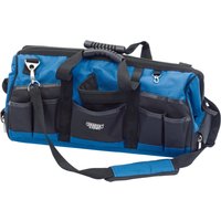 Blue and black Draper Expert Contractor's Tool Bag, 600mm, with multiple pockets, shoulder strap, and sturdy handle.