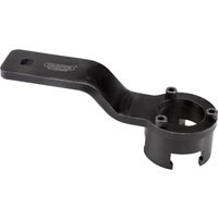 Black Draper Expert crankshaft holding tool for Volvo, featuring a curved handle and circular attachment with bolt holes.