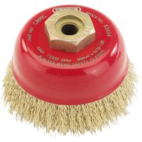 Red Draper Expert crimped wire cup brush, 60mm diameter, M10 thread, with brass bristles and hexagonal nut.