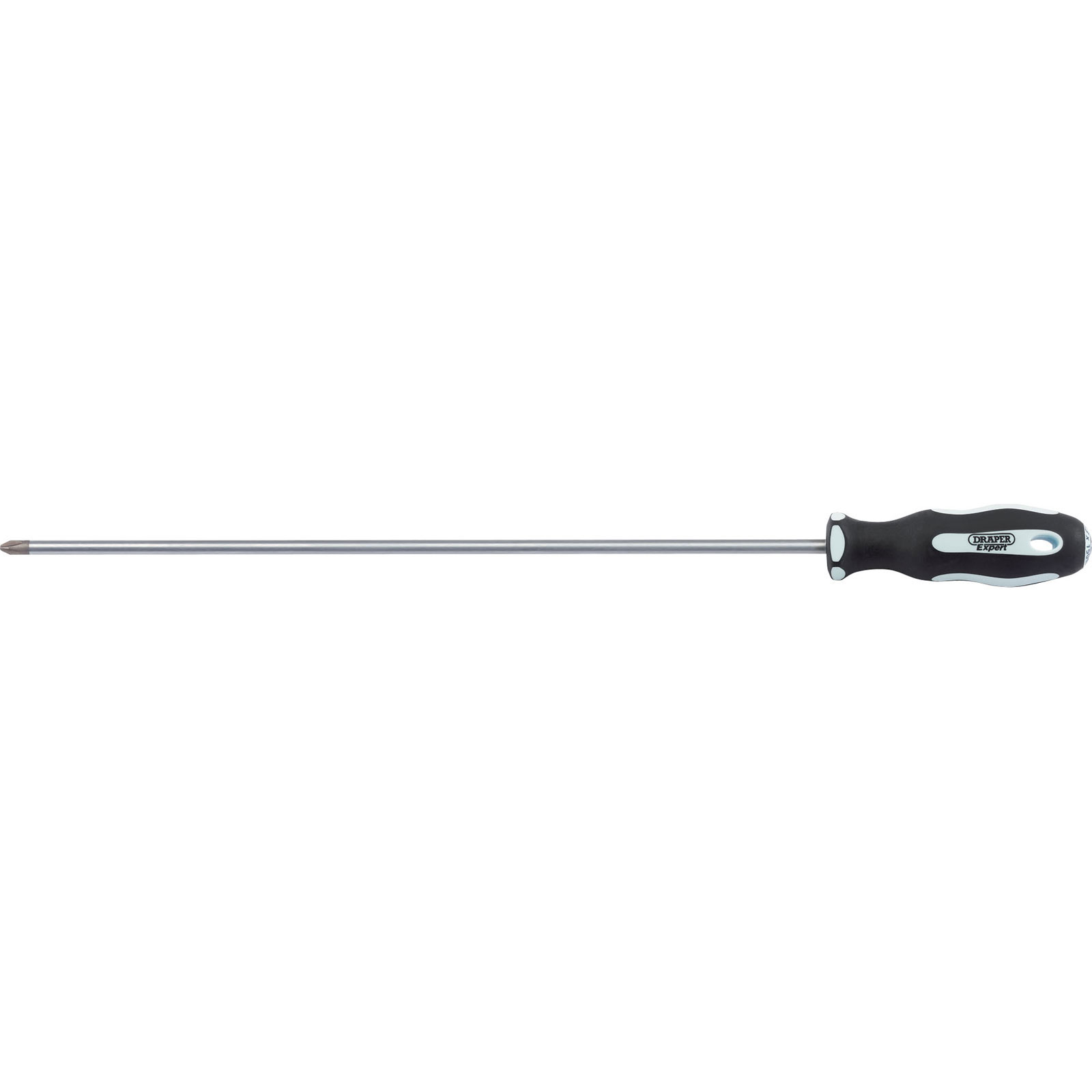 Extra long reach cross slot screwdriver with a chrome-plated steel shaft and a black soft grip handle for comfort and control, featuring a precision tip for optimal fastening.