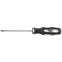 Draper Expert screwdriver, No.0 x 75mm, with black and white soft grip handle and cross slot tip.