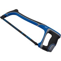 Curved ergonomic hacksaw with blue and black handle, silver blade, and Draper logo on the grip.