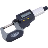 "Draper Expert DEM1 digital micrometer with LCD display, gray and black body, and yellow buttons"