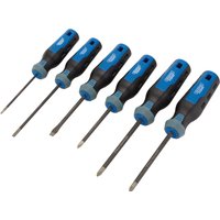 Draper Expert screwdriver set with blue and black ergonomic handles and diamond-tipped blades, six pieces.