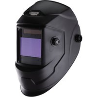 Black Draper Expert auto-darkening welding helmet with adjustable knobs and large viewing screen.